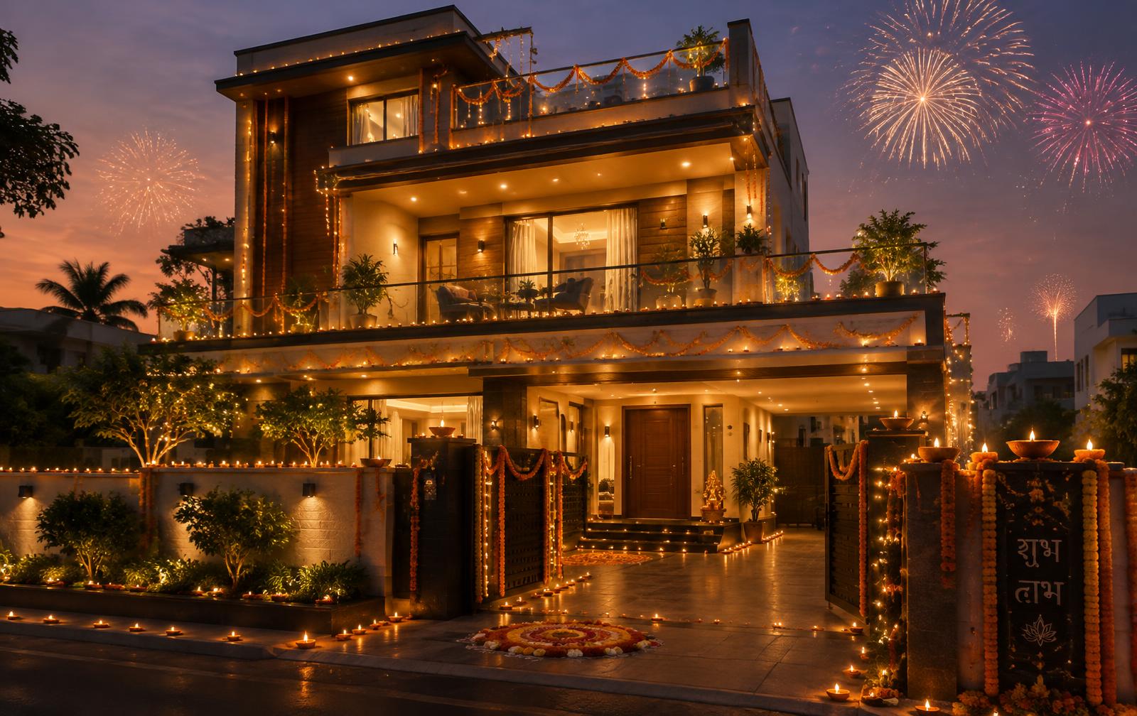 Modern house lit up for Diwali